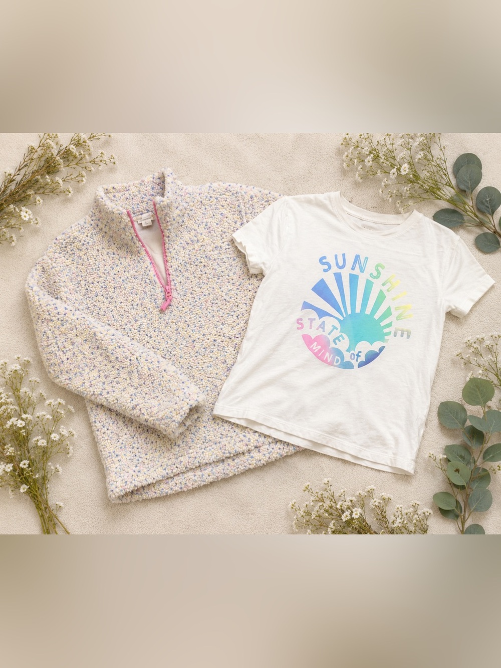 Crewcuts Girls Sunshine Tee & Speckled Quarter-Zip Bundle | Size XL